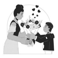 bouquet fleurs sur mère journée noir et blanc noir et blanc ligne illustration. maman fils africain américain 2d lineart personnages isolé. maman félicitations 8 Mars monochrome scène vecteur contour image