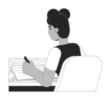 étude fille africain américain noir et blanc 2d ligne dessin animé personnage. en train d'étudier étudiant femelle isolé vecteur contour personne. Jeune femme carnet l'écriture bureau monochromatique plat place illustration