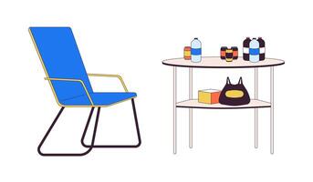 camping Extérieur équipement 2d linéaire dessin animé objets ensemble. camp meubles table isolé ligne vecteur éléments blanc Contexte. bouteilles eau, pouvez un soda, collations Couleur plat place illustration collection