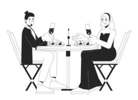 hétérosexuel couple sur romantique Date noir et blanc 2d ligne dessin animé personnages. caucasien adulte petite amie copain isolé vecteur contour personnes. la vitesse sortir ensemble monochromatique plat place illustration