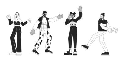 disco fête danseurs groupe noir et blanc 2d ligne dessin animé personnages ensemble. clubbers sur piste de dance isolé vecteur contour personnes. vie nocturne Activités monochromatique plat place des illustrations collection
