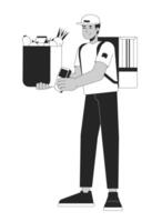 Indien Masculin courrier les courses noir et blanc 2d ligne dessin animé personnage. Sud asiatique homme dans uniforme isolé vecteur contour personne. en portant nourriture sac livraison monochromatique plat place illustration