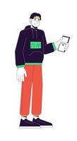 coréen Jeune homme ayant nfc sur téléphone 2d linéaire dessin animé personnage. sans contact payant gars isolé ligne vecteur la personne blanc Contexte. sans fil la communication La technologie Couleur plat place illustration