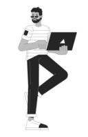 homme avec portable monochrome ligne dessin animé personnage vecteur