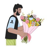 barbu noir homme en portant bouquet 2d linéaire dessin animé personnage. avoir fleurs africain américain Masculin isolé ligne vecteur la personne blanc Contexte. floral félicitations Couleur plat place illustration