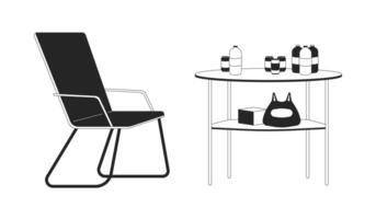 camping Extérieur équipement noir et blanc 2d ligne dessin animé objets ensemble. camp meubles table isolé vecteur contour articles collection. bouteilles eau, pouvez un soda monochromatique plat place des illustrations