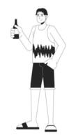 positif asiatique homme avec Bière bouteille noir et blanc 2d ligne dessin animé personnage. rafraîchissant boire. détendu fête client isolé vecteur contour personne. pendaison en dehors monochromatique plat place illustration