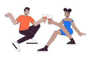 interracial couple des lunettes tintement 2d linéaire dessin animé personnages. grillage les boissons verres à vin. 2 Jeune adultes isolé ligne vecteur gens blanc Contexte. à votre santé du vin Couleur plat place illustration