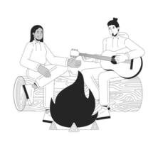 feu de camp en jouant guitare copains noir et blanc 2d ligne dessin animé personnages. diverse copain petite amie feu isolé vecteur contour personnes. loisir camp monochromatique plat place illustration