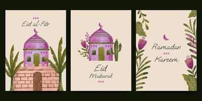 islamique salutation carte avec fleur et plante illustration pour Ramadan eid mubarak islamique journée. vecteur