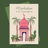 islamique salutation carte avec mosquée et plante illustration pour Ramadan eid mubarak islamique journée. vecteur