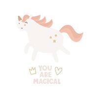 vous sont magique. dessin animé Licorne, main dessin caractères, décor éléments. coloré vecteur illustration pour enfants, plat style. bébé conception pour carte, imprimer, affiche, couverture.