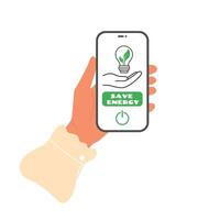 mains tenir téléphone avec enregistrer énergie icône sur filtrer. ampoule avec vert feuilles à l'intérieur et Puissance mode bouton vecteur