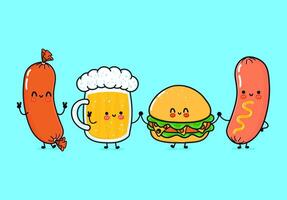 mignon, marrant content verre de bière, saucisse avec moutarde et Hamburger. vecteur main tiré dessin animé kawaii personnages, illustration icône. marrant content verre de Bière saucisse avec moutarde Hamburger copains