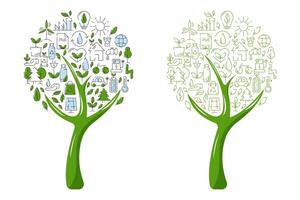 vert éco amical arbre rempli avec écologie Icônes et panneaux. vecteur illustration, conception élément. écologie concept, recyclage durabilité, renouvelable énergie, net zéro les émissions par 2050