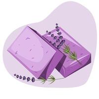 Fait main Naturel biologique lavande savon bars avec lavande brins dans dessin animé plat style. cosmétique produit pour hygiénique nettoyant soin de la peau et la lessive mains.vecteur illustration vecteur