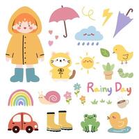 une mignonne pluvieux saison illustration Matériel ensemble tel comme parapluies, une souriant fille dans une Jaune imperméable, arcs en ciel et autre éléments. dessin animé plat vecteur ensemble.