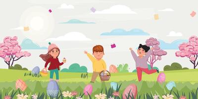 Pâques Oeuf aventure. les enfants à l'extérieur collecte Pâques des œufs et content vecteur