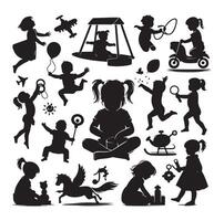 bambin enfant activité silhouettes illustration, ensemble de les enfants en jouant avec jouets vecteur
