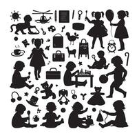 bambin enfant activité silhouettes illustration, ensemble de les enfants en jouant avec jouets vecteur