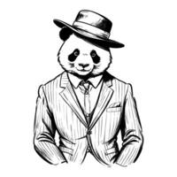 Panda portant affaires suite et chapeau vieux rétro ancien gravé encre esquisser main tiré ligne art vecteur
