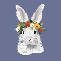 blanc Pâques lapin portant floral couronne. proche en haut portrait vecteur