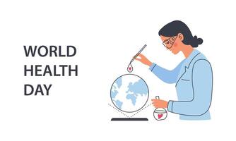 monde santé journée bannière. guérison le monde. vecteur plat linéaire illustration avec femelle médecin
