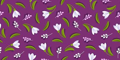 printemps fleurs sans couture modèle avec perce-neige et feuilles sur une violet toile de fond. floral Contexte pour surface. vecteur