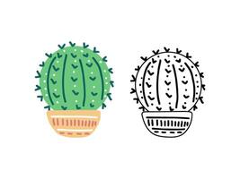 une ensemble de dessiné à la main contour et coloré vecteur cactus isolé sur blanc Contexte. griffonnage et plat style des illustrations de épineux végétaux, épanouissement cactus, succulent les plantes dans céramique marmites. Accueil les plantes