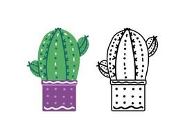 une ensemble de dessiné à la main contour et coloré vecteur cactus isolé sur blanc Contexte. griffonnage et plat style des illustrations de épineux végétaux, épanouissement cactus, succulent les plantes dans céramique marmites. Accueil les plantes