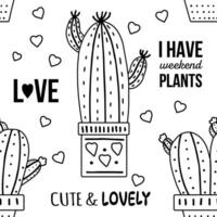 dessiné à la main vecteur sans couture modèle de cactus. contour griffonnage style illustration de épineux usine, épanouissement cactus, succulent plante dans céramique pot. Accueil usine, Mexique cactus fleur.