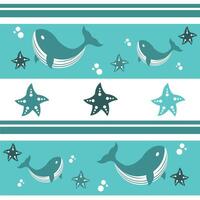 modèle de baleines avec étoile de mer et bulles. mignonne décoratif conception pour fond d'écran, tissu, textiles et arrière-plans. vecteur