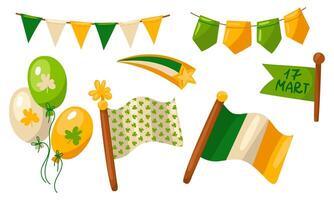ensemble de drapeaux, drapeaux, des ballons pour st. patrick's journée. vecteur irlandais vacances de st. patrick's journée. une collection avec un irlandais drapeau, une drapeau avec trèfles, des ballons, une étoile. dessiné à la main illustration. bannière