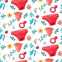 menstruation modèle de culotte, menstruel tasse, le sexe signe avec fleurs et branches. le concept de une femme ordinaire menstruel cycle. menstruel période, prémenstruel syndrome, vecteur