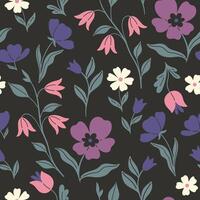 sans couture modèle avec bleu, violet, rose et blanc fleurs sur une noir Contexte. vecteur graphique.