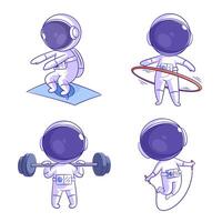 mignonne astronaute faire de l'exercice, dessin animé style ensemble vecteur