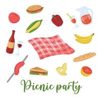 vecteur illustration avec une ensemble de nourriture et les boissons pour une pique-nique. coloré carte pour barbecue faire la fête. ensemble de des choses pour une famille journée en dehors dans le forêt ou parc.