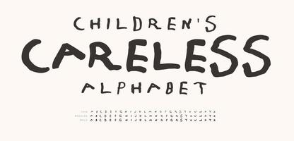 alphabet insouciant pour enfants, lettres de griffonnage dessinées à la main, police de ligne de marqueur. jeu de lettres amusantes pour l'enfance pour le logo des enfants, l'art de l'enfant, la typographie du jeu enfantin. conception typographique préscolaire mignonne, type de dessin animé vecteur