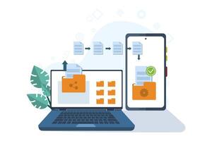 fichier transfert concept, nuage technologie, télécharger et télécharger, Les données sauvegarde, document stockage, affaires personnages transfert des dossiers entre dispositifs, plat vecteur illustration sur Contexte.