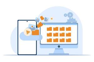 concept de nuage stockage, fichier Téléchargement, base de données protection, Les données centre, fichier gestion, ordinateur système en utilisant nuage serveur. numérique les documents et messages en utilisant moderne connecté PC technologie. vecteur