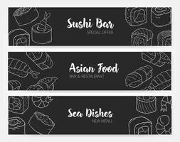 élégant bannière modèles dans noir et blanc couleurs avec Sushi et Rouleaux main tiré avec contour lignes. monochrome vecteur illustration pour Japonais ou asiatique nourriture restaurant.