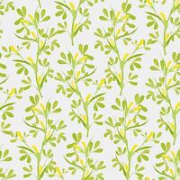 floral sans couture modèle avec floraison Fenugrec les plantes sur blanc Contexte. jolie Jaune fleurs croissance sur vert tiges avec feuilles main tiré dans ancien style. vecteur illustration pour fond d'écran.