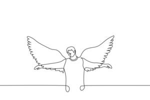 homme avec ailes est permanent avec le sien ailes propager et le sien bras à le côtés - un ligne dessin vecteur. ange concept métaphore de rêveur personne, gratuit en pensant la personne vecteur