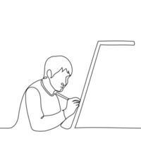 Masculin artiste est assis dans de face de un chevalet en portant une pinceau dans le sien main - un ligne dessin. concept de art thérapie, processus de La peinture avec des peintures vecteur
