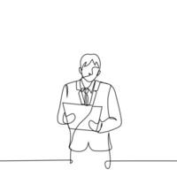homme d'affaire des stands avec les documents - un ligne dessin. conception homme dans affaires costume en portant tablette avec papiers vecteur