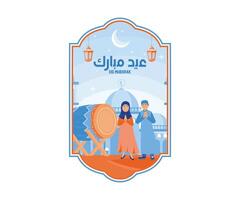 musulman les enfants Bienvenue eid al-fitr. dire eid al-fitr salutations avec tambour et mosquée décorations. content eid mubarak concept. plat vecteur illustration.