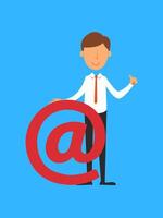 une homme est en portant une rouge email signe. il est souriant et montrer du doigt à le signe. concept de importance et positivité, comme le homme est mise en évidence le importance de email la communication vecteur