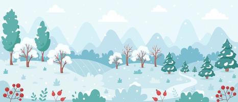 paysage d'hiver enneigé avec arbres, montagnes, champs. paysage de campagne vecteur