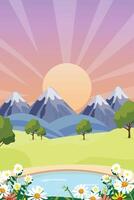 montagnes plat clipart le coucher du soleil aventure paysage et ciel avec Lac Naturel vecteur illustration Contexte