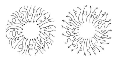 rond cadres avec ligne flèches montrer du doigt dans et en dehors de centre. vecteur courbée et ondulé flèches isolé sur blanc Contexte.